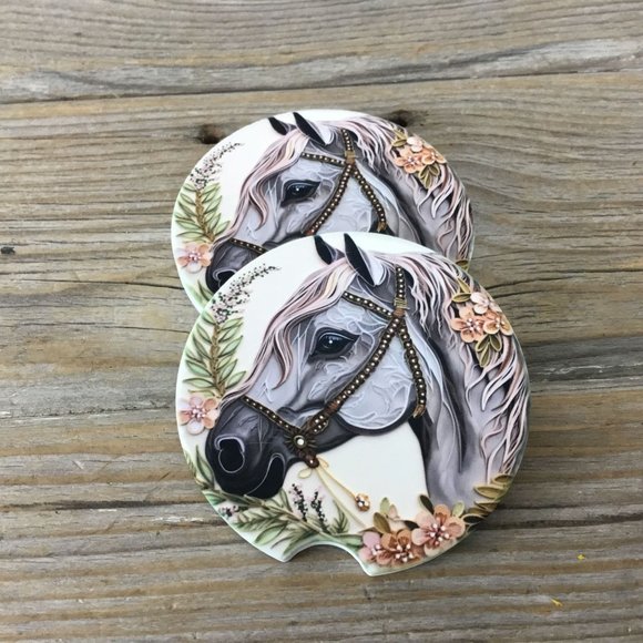 Floral Horse Paper Quilling Art Car Coasters - Set of 2 - Picture 1 of 7